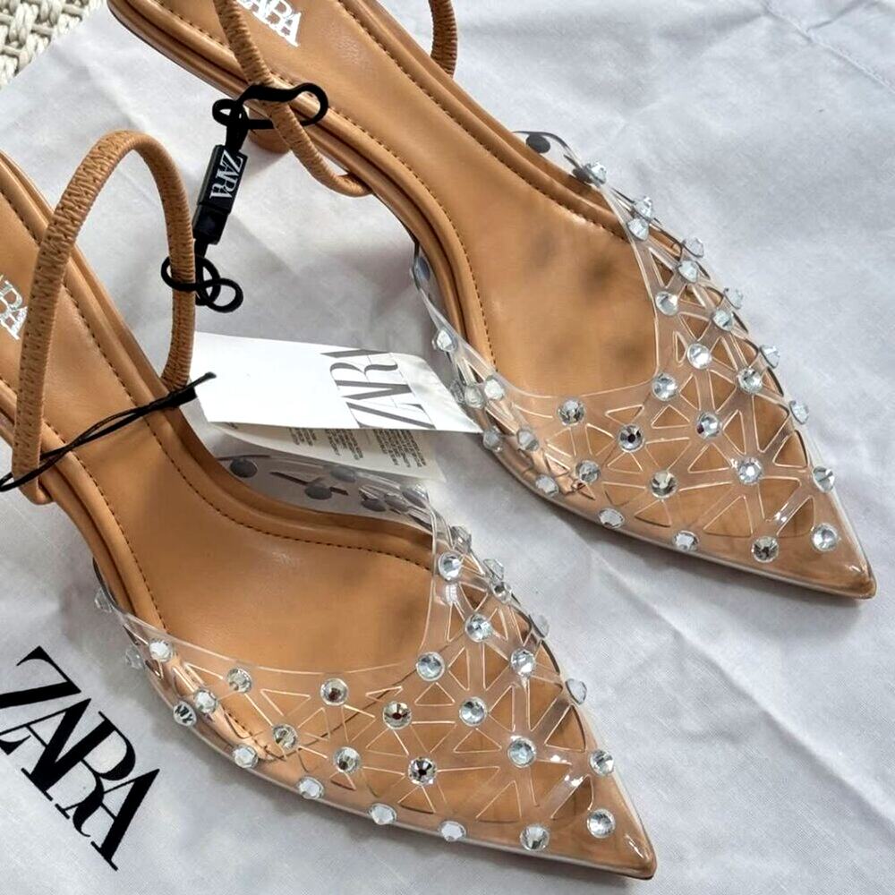 ZARA Rhinestone Slingback Heels NWT Clear Vinyl Pointed Toe Bridal Shoes Size 8 - Picture 5 of 16